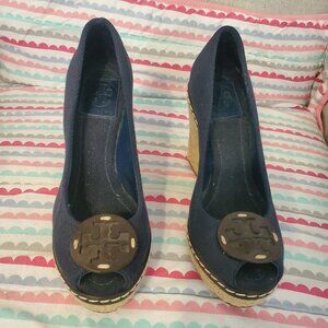 TORY BURCH NAVY CANVAS & ROPE SUPER WEDGE PEEP TOE ESPADRILLE